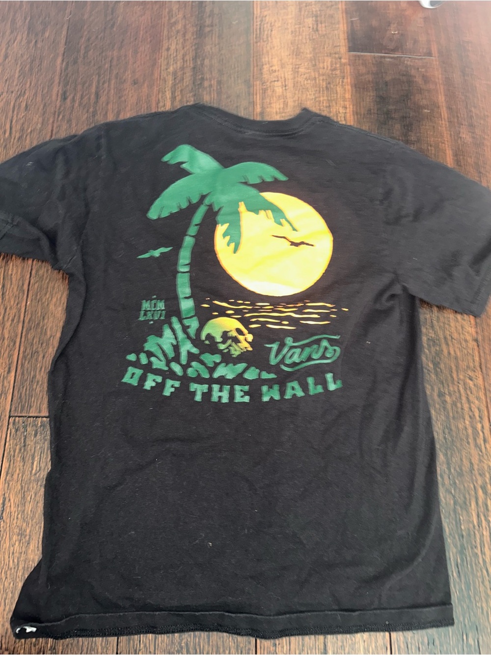 Vans Black Tee with Yellow Moon and Green Palm Graphic
